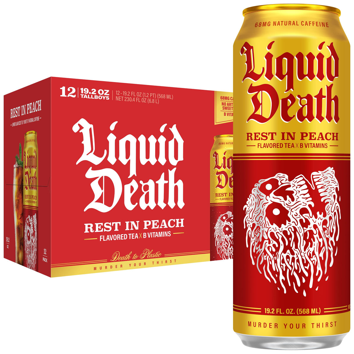 Liquid Death Rest In Peach Iced Tea – Low Sugar, Caffeine Boost, 19.2 oz King Size 12-Pack