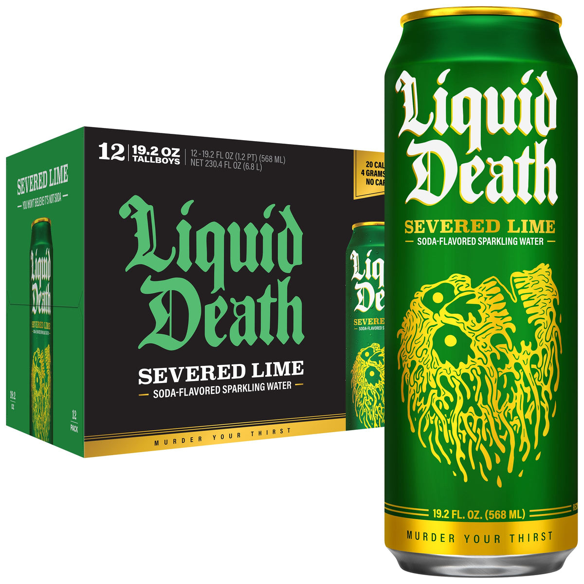 Liquid Death Soda-Flavored Sparkling Water - Severed Lime, Less Sugar, No Artificial Sweeteners, King Size 19.2 fl oz Pack of 12