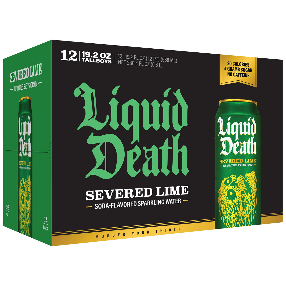 Liquid Death Soda-Flavored Sparkling Water - Severed Lime, Less Sugar, No Artificial Sweeteners, King Size 19.2 fl oz Pack of 12