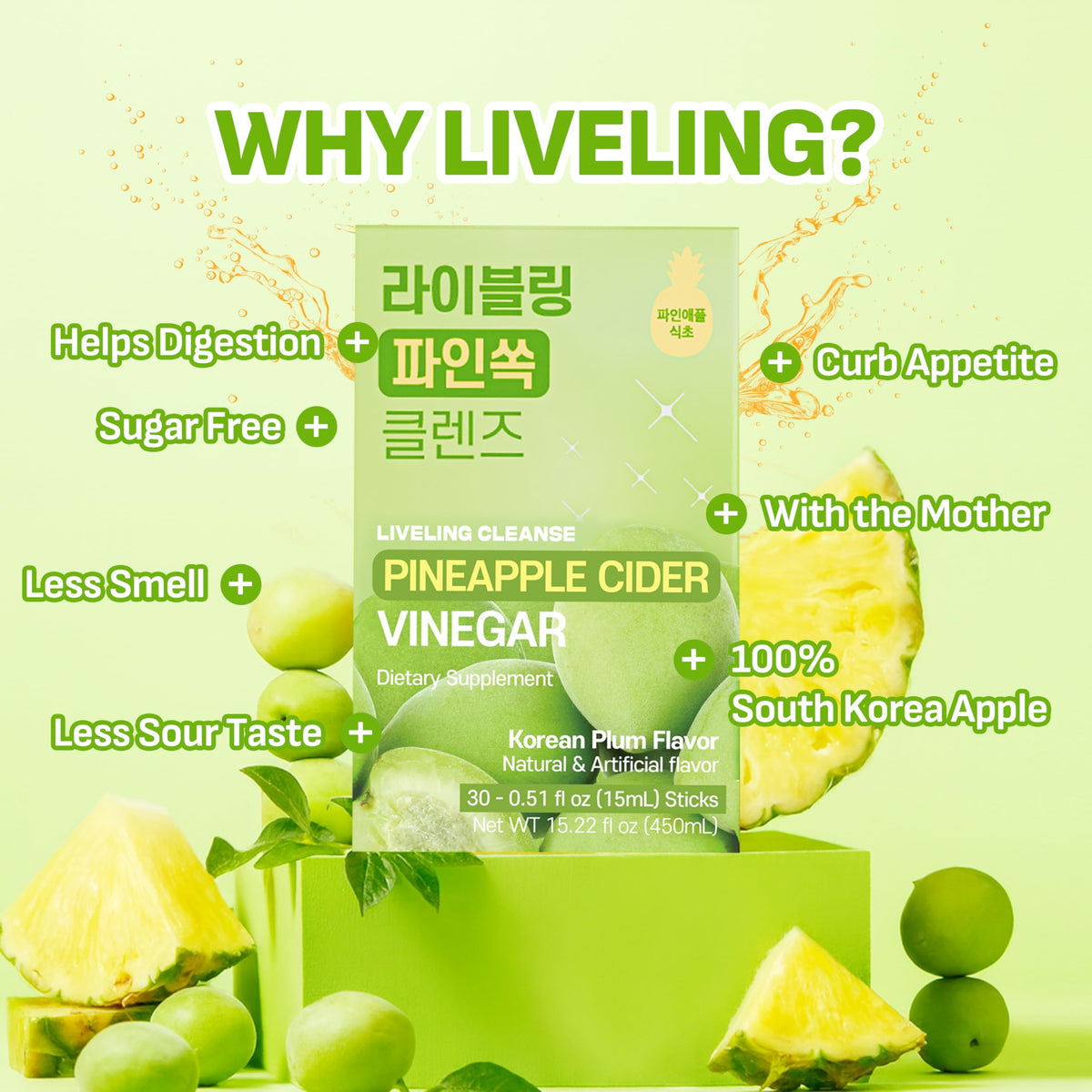 LIVELING Pineapple Cider Vinegar Drink Stick & 3-in-1 ACV Shot – Korean-Plum Flavor | Digestive Support, Sugar-Free, Low-Calorie, On-The-Go (30 sticks)