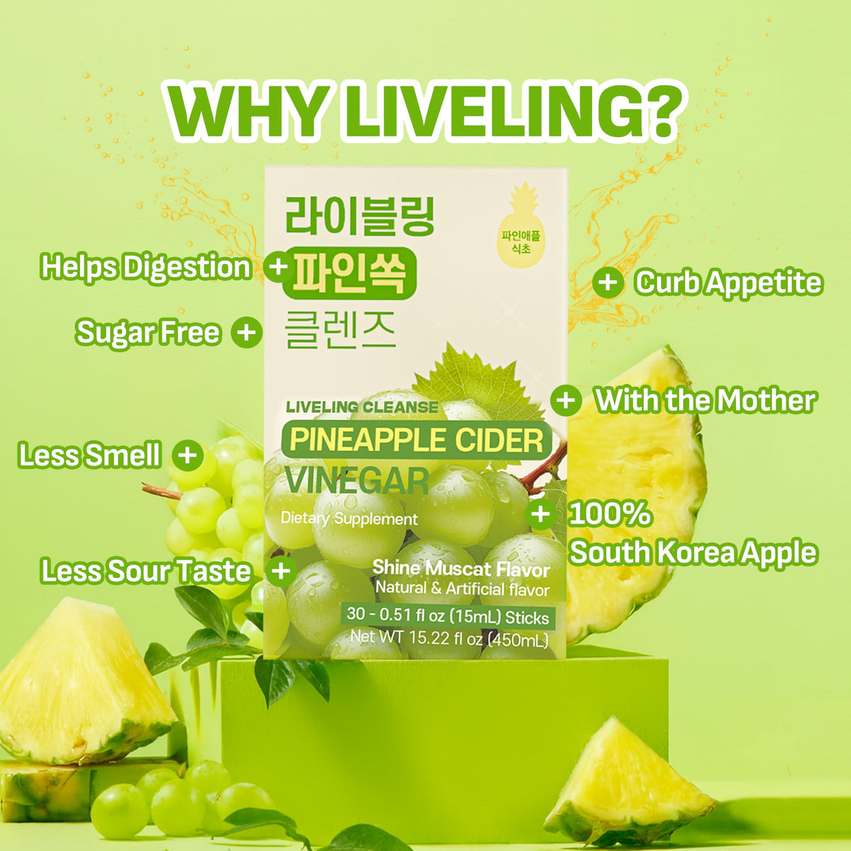 LIVELING Pineapple Cider Vinegar Drink Sticks & 3-in-1 Shot – ShineMuscat Flavor | Sugar-Free, Low-Cal, On-The-Go Pack (30 Sticks)