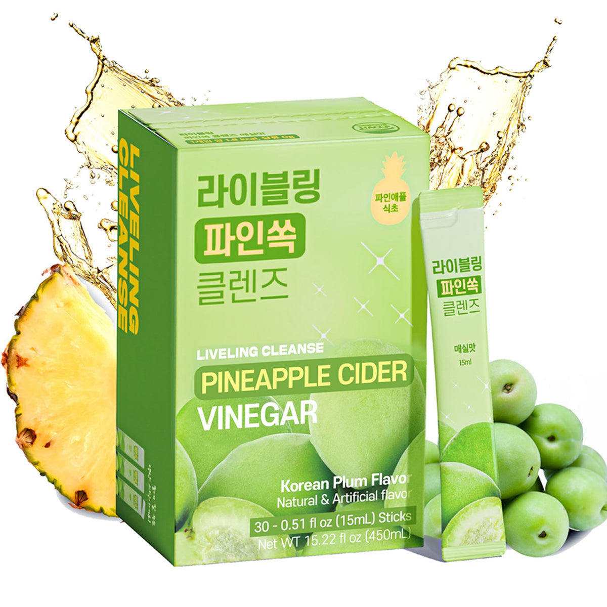 LIVELING Pineapple Cider Vinegar Drink Stick & 3-in-1 ACV Shot – Korean-Plum Flavor | Digestive Support, Sugar-Free, Low-Calorie, On-The-Go (30 sticks)