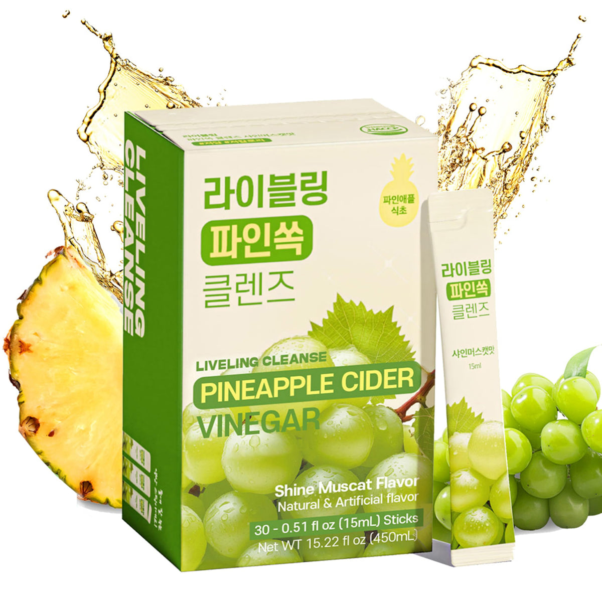 LIVELING Pineapple Cider Vinegar Drink Sticks & 3-in-1 Shot – ShineMuscat Flavor | Sugar-Free, Low-Cal, On-The-Go Pack (30 Sticks)