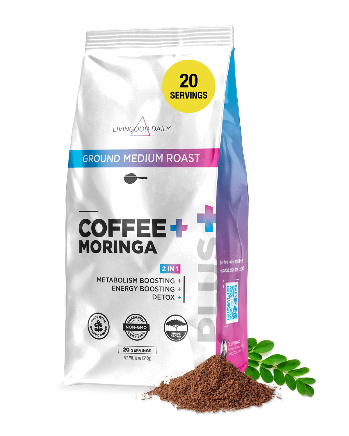 Livingood Daily Coffee with Moringa – Ground Medium Roast, 12oz, Organic & Vegan