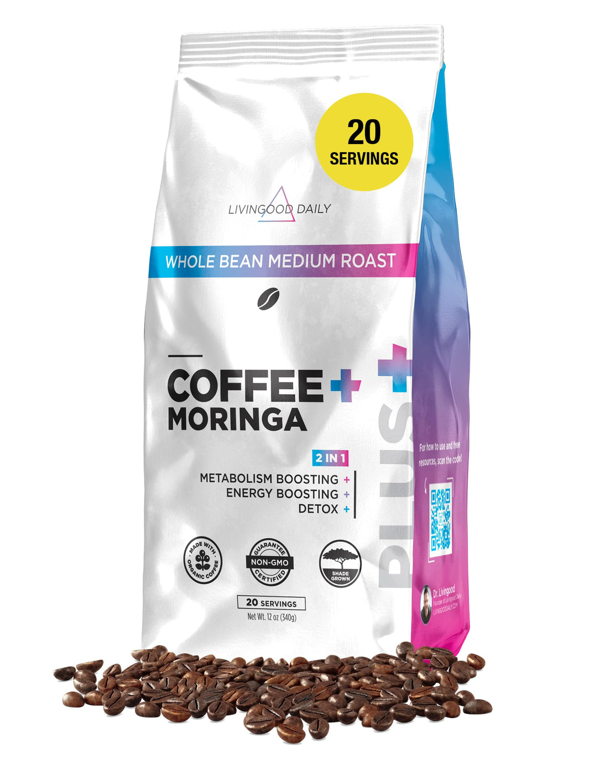 Livingood Daily Coffee with Moringa – Organic Medium Roast Whole Bean, 20 Servings