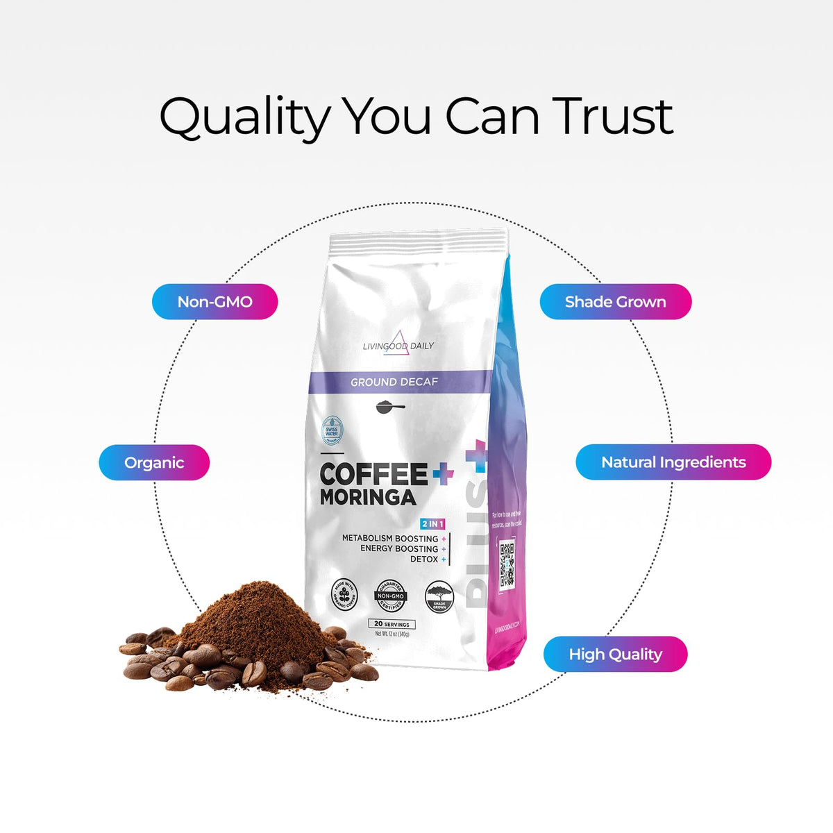 Livingood Daily Coffee with Moringa – Decaf Ground Coffee for Daily Wellness | 20 Servings