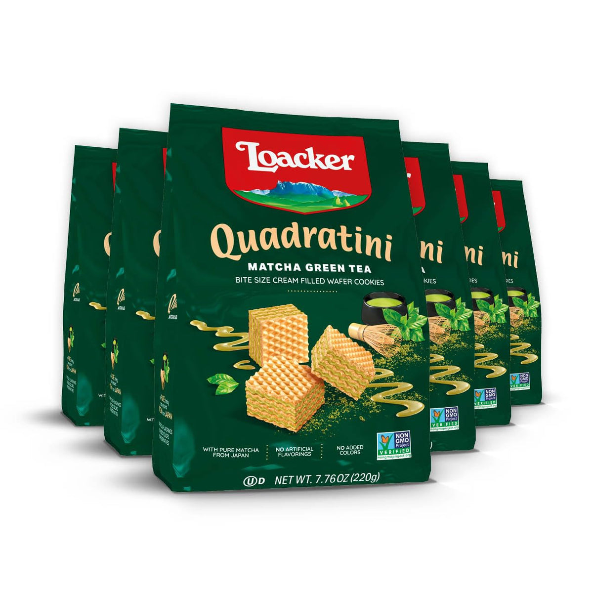 Loacker Quadratini Matcha – Large Pack of 6, 30% Less Sugar, NON-GMO, Crispy Bite-Size Wafers