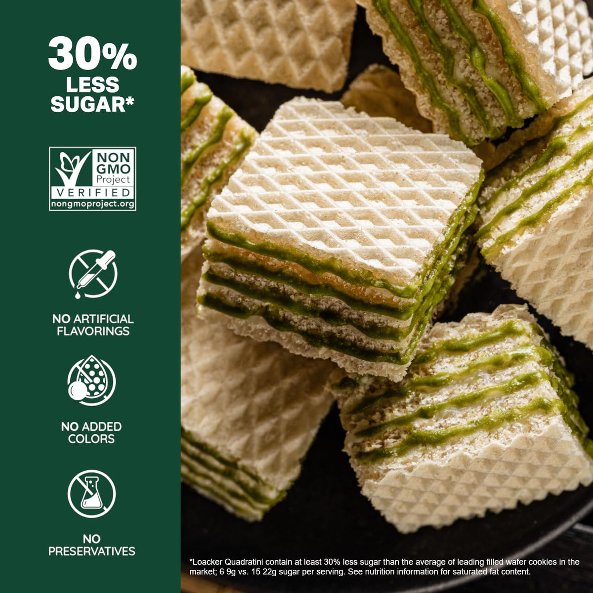 Loacker Quadratini Matcha – Large Pack of 6, 30% Less Sugar, NON-GMO, Crispy Bite-Size Wafers