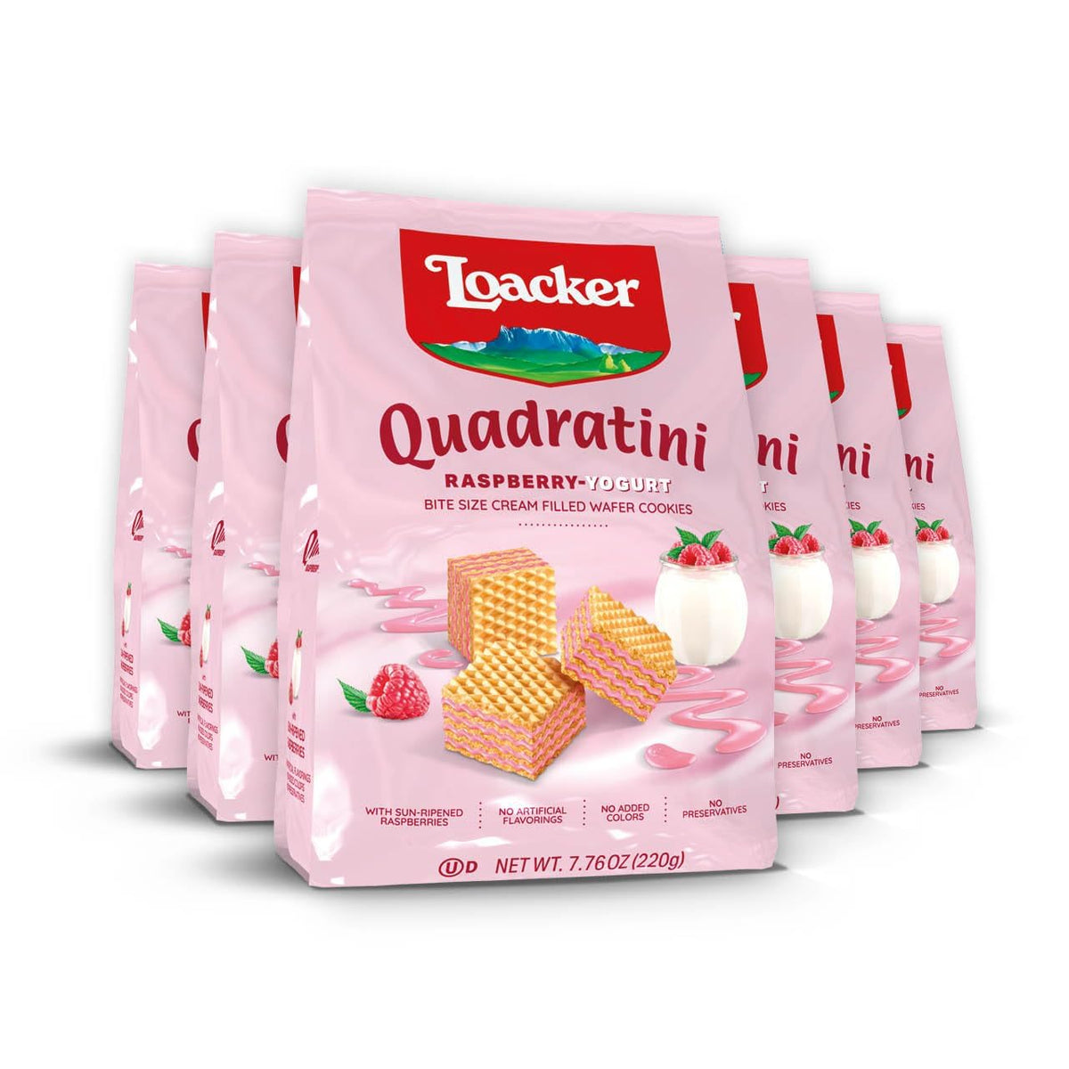 Loacker Quadratini Raspberry Yogurt Wafers – 30% Less Sugar, Large Pack (6)