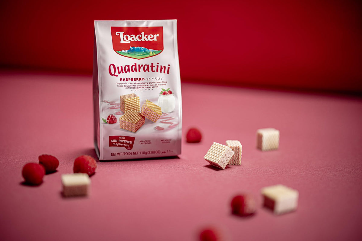 Loacker Quadratini Raspberry Yogurt Wafers – 30% Less Sugar, Large Pack (6)