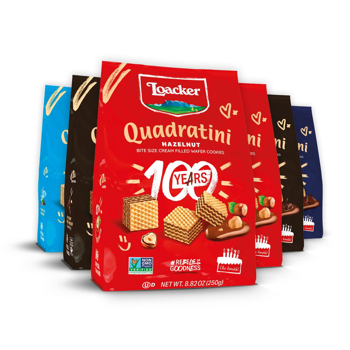 Loacker Quadratini Variety Pack Wafer Cookies LARGE – 30% Less Sugar – Hazelnut, Dark Chocolate, Vanilla & Chocolate – 6-Pack
