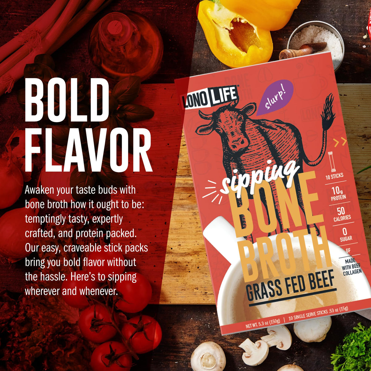 LonoLife Beef Bone Broth Powder Mix | Grass-Fed, 10g Protein, Collagen-Rich | Keto & Paleo