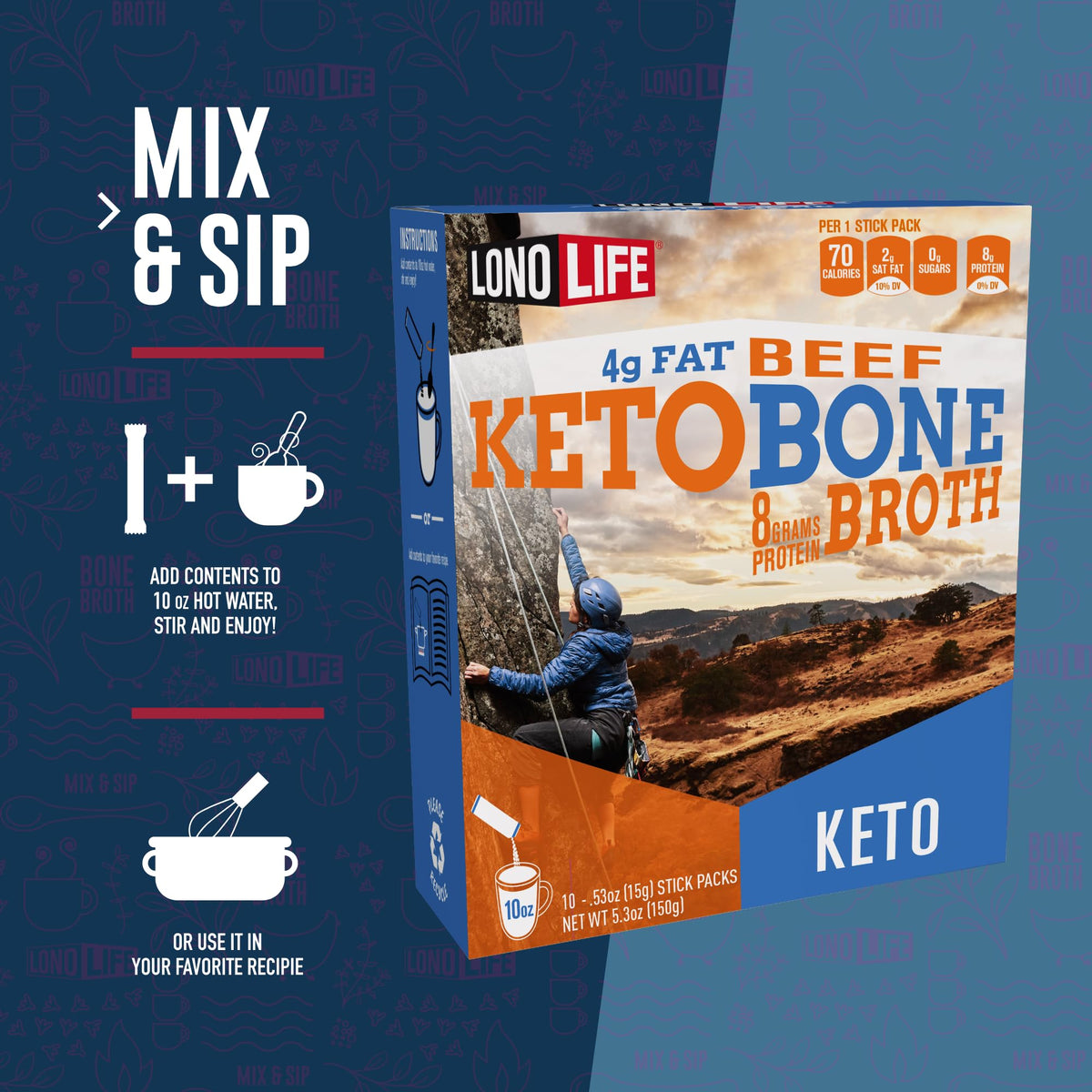 LonoLife Keto Beef Bone Broth Powder Mix — Grass-Fed, 10g Protein per Serving | Natural Ingredients | 10 Stick Pack Servings