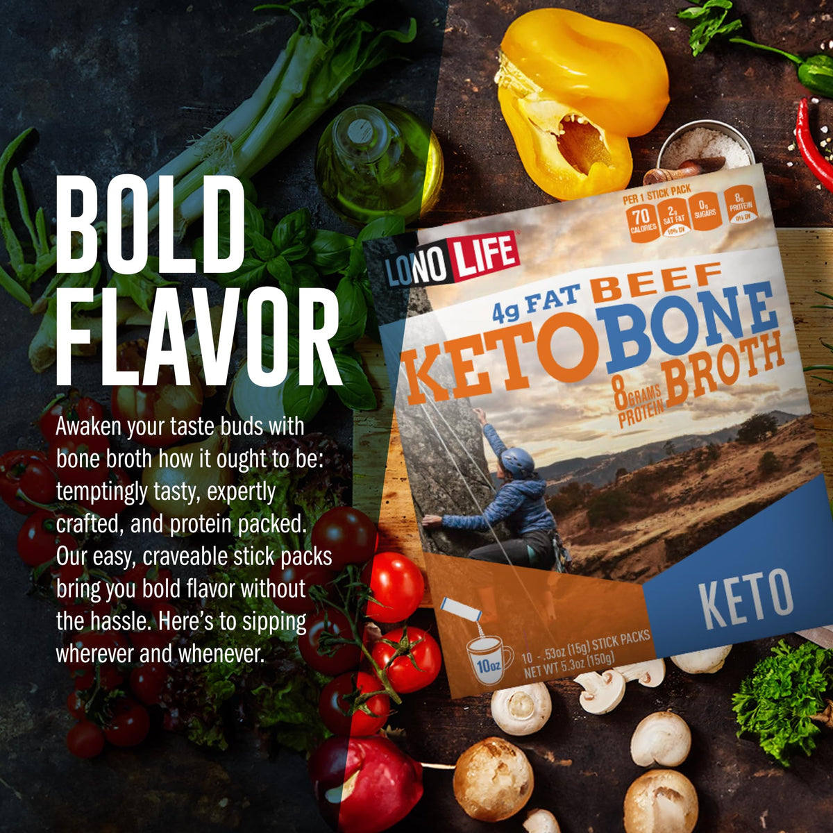 LonoLife Keto Beef Bone Broth Powder Mix — Grass-Fed, 10g Protein per Serving | Natural Ingredients | 10 Stick Pack Servings