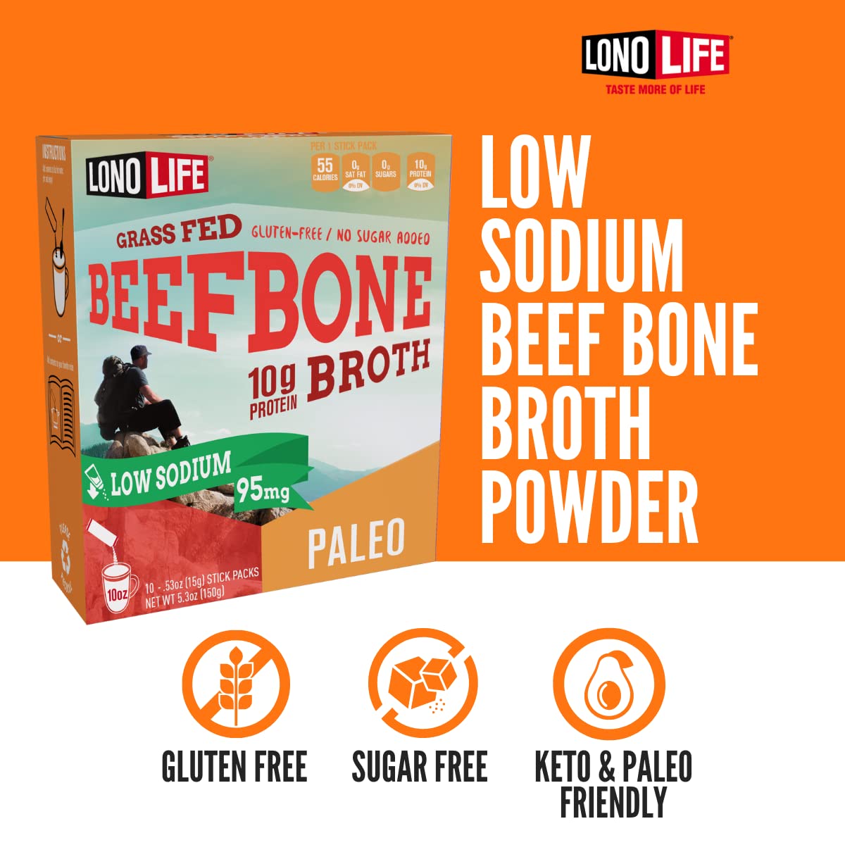 LonoLife Low Sodium Beef Bone Broth Powder Mix — 10g Protein, Grass-Fed, Keto & Paleo
