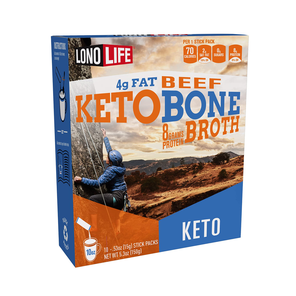 LonoLife Keto Beef Bone Broth Powder Mix — Grass-Fed, 10g Protein per Serving | Natural Ingredients | 10 Stick Pack Servings