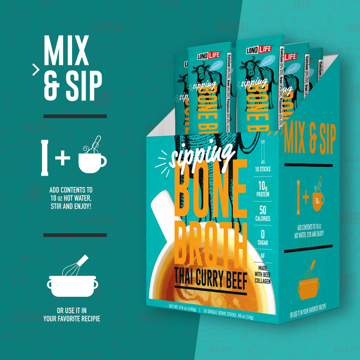 LonoLife Thai Curry Beef Bone Broth Powder Mix – 10g Protein, Collagen-Rich, Keto & Paleo Friendly | 10 Stick Pack Servings
