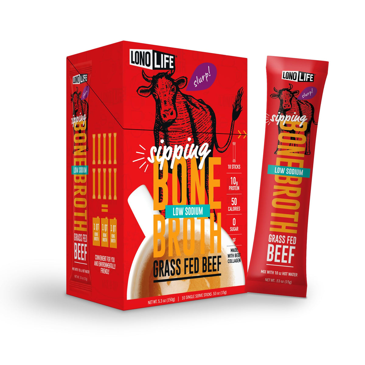 LonoLife Low Sodium Beef Bone Broth Powder Mix — 10g Protein, Grass-Fed, Keto & Paleo