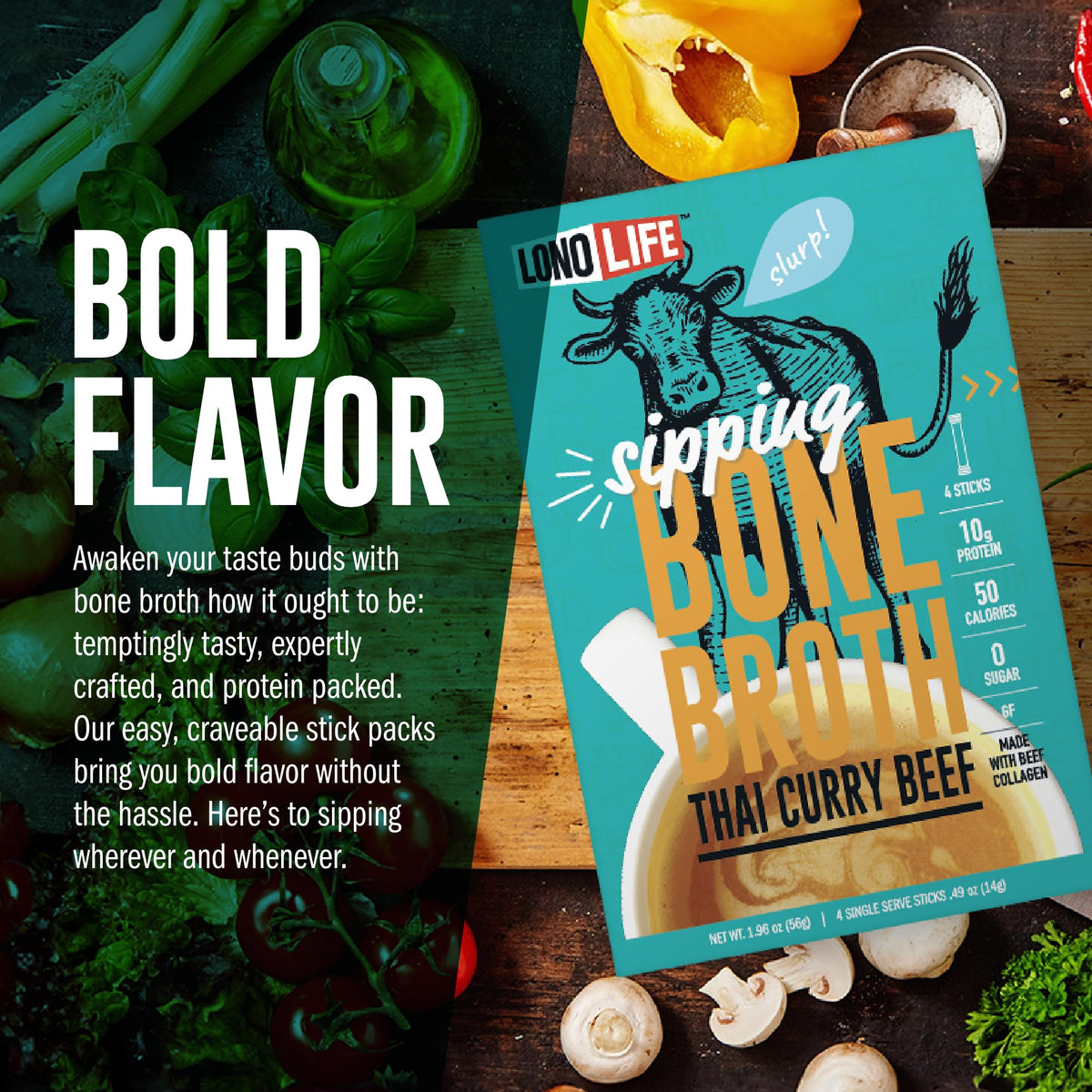 LonoLife Thai Curry Beef Bone Broth Powder Mix – 10g Protein, Collagen-Rich, Keto & Paleo Friendly | 10 Stick Pack Servings