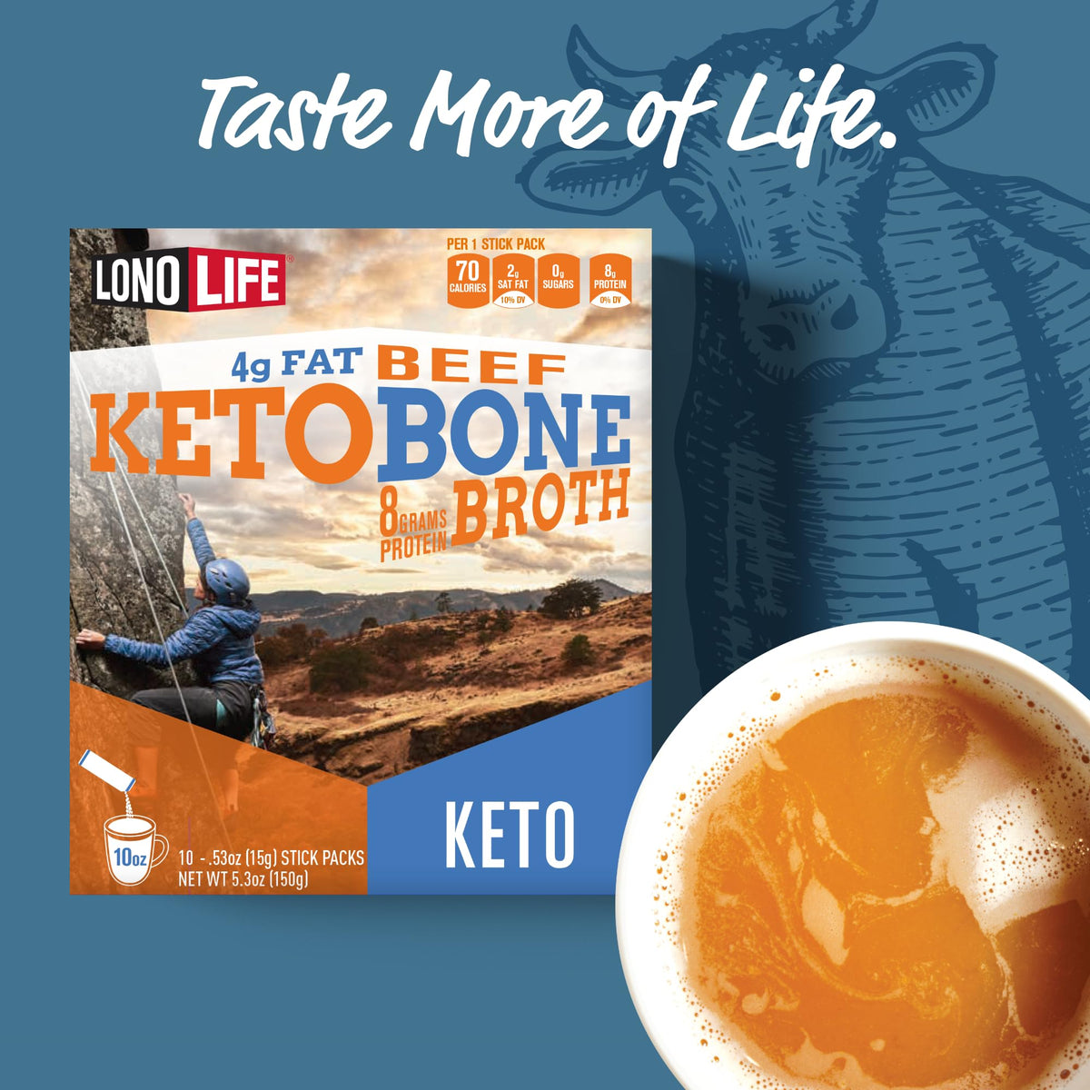 LonoLife Keto Beef Bone Broth Powder Mix — Grass-Fed, 10g Protein per Serving | Natural Ingredients | 10 Stick Pack Servings