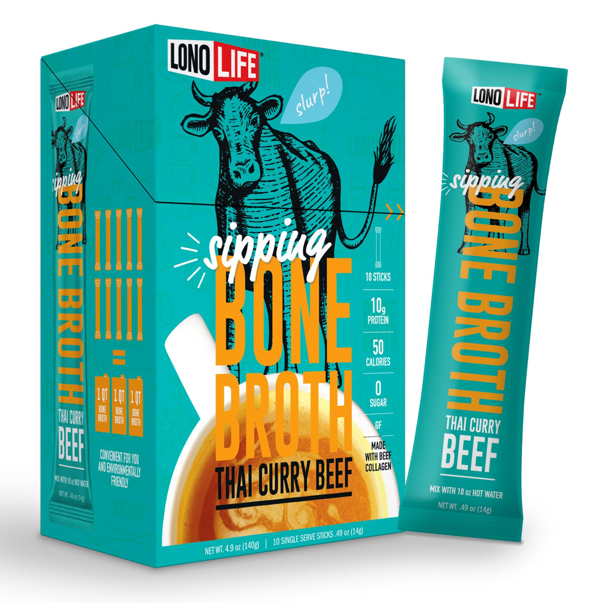 LonoLife Thai Curry Beef Bone Broth Powder Mix – 10g Protein, Collagen-Rich, Keto & Paleo Friendly | 10 Stick Pack Servings