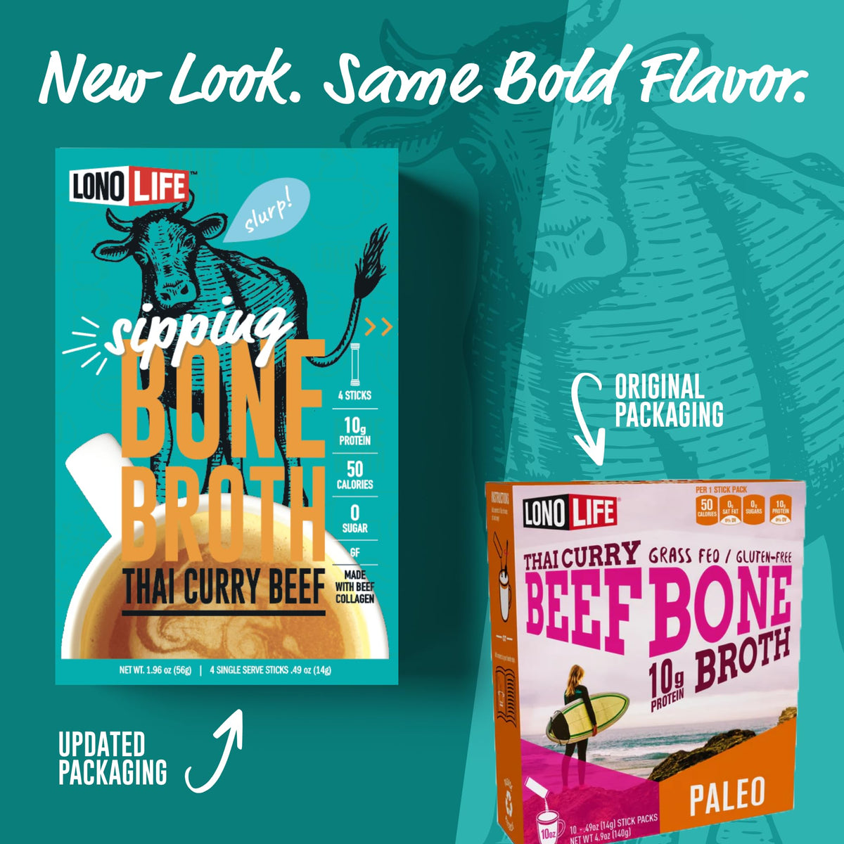 LonoLife Thai Curry Beef Bone Broth Powder Mix – 10g Protein, Collagen-Rich, Keto & Paleo Friendly | 10 Stick Pack Servings