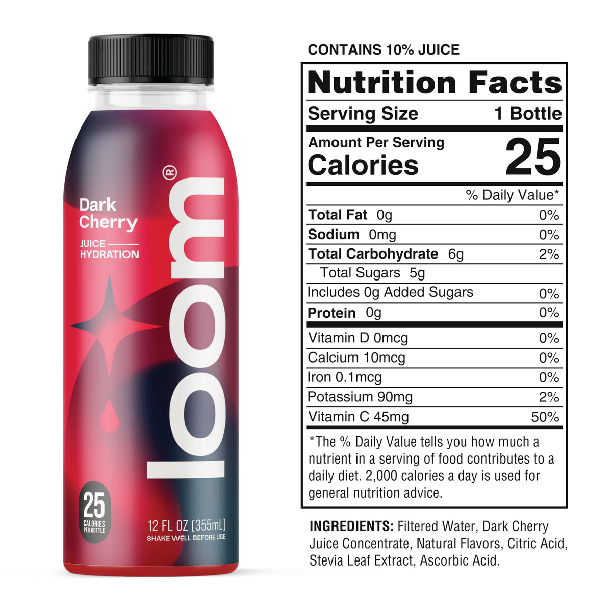 Loom Dark Cherry Juice Drinks – Low Sugar Real Fruit, No Added Sugar, 30 Calories, 12 oz, 12-Pack