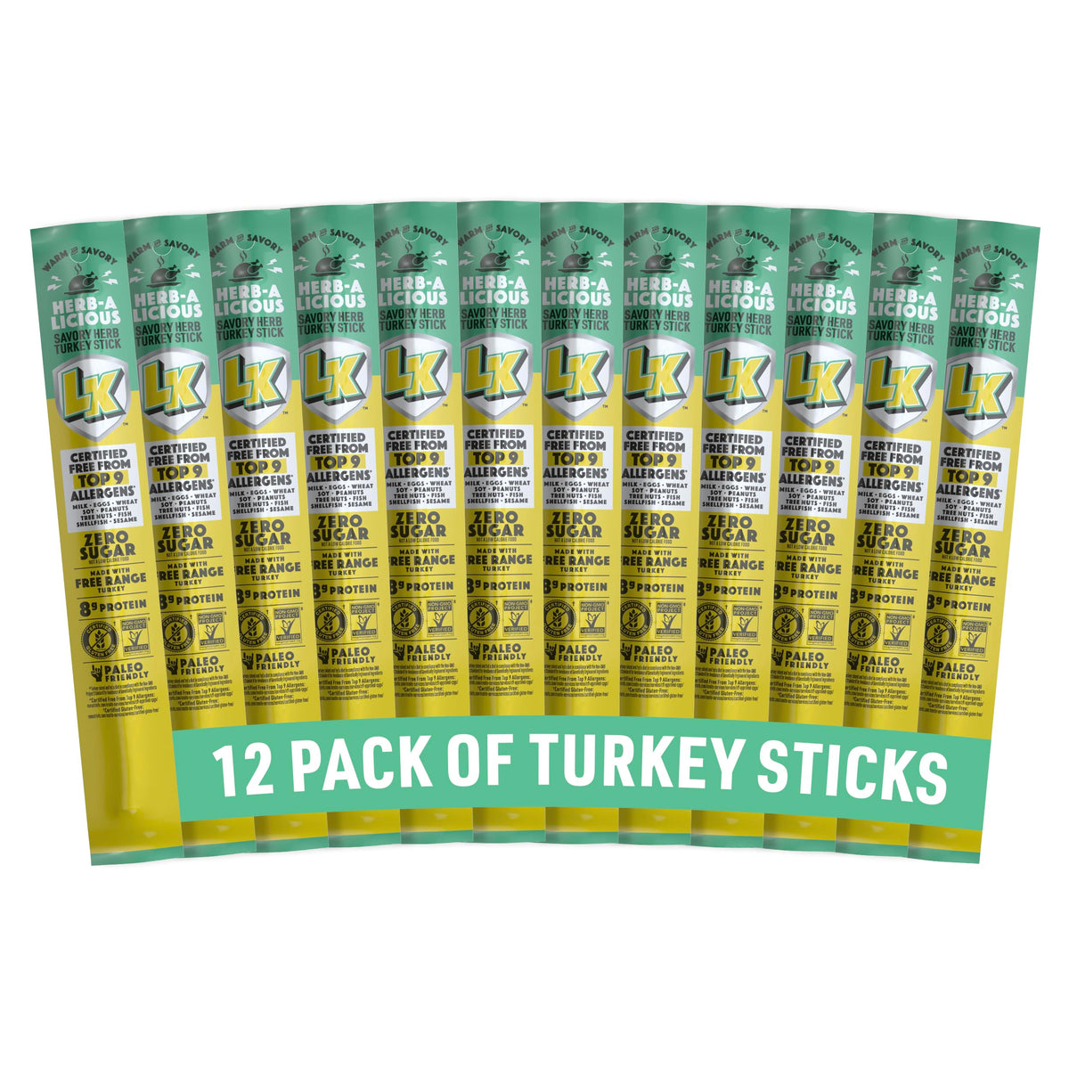 Lorissa's Kitchen Herb-A-Licious Turkey Sticks – 12 Pack, Allergen-Free, 8g Protein, Zero Sugar