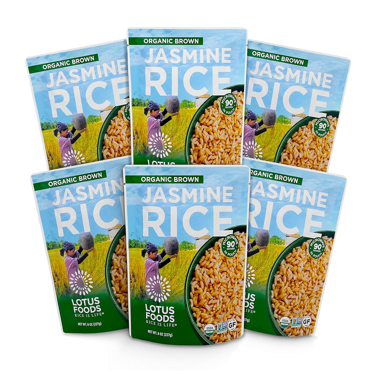 Lotus Foods Organic Brown Jasmine Rice Heat & Eat Pouches – Gluten Free, USDA Organic (Pack of 6)