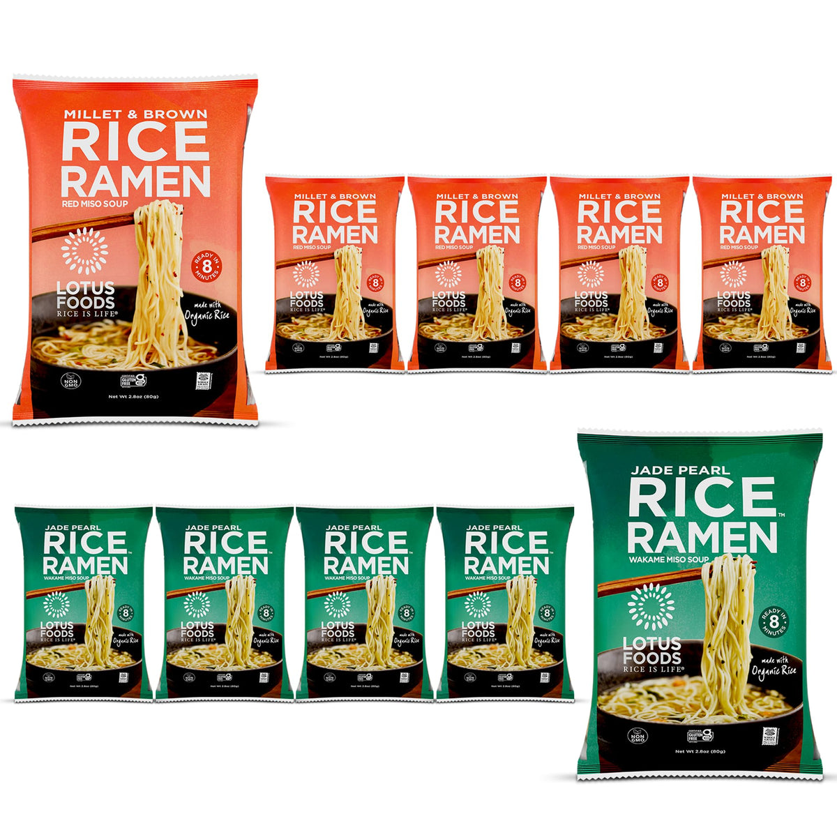 Lotus Foods Bulk Organic Rice Ramen Variety Bundle – Jade Pearl, Millet & Brown Rice (Gluten Free) 2.8 oz Bags x10
