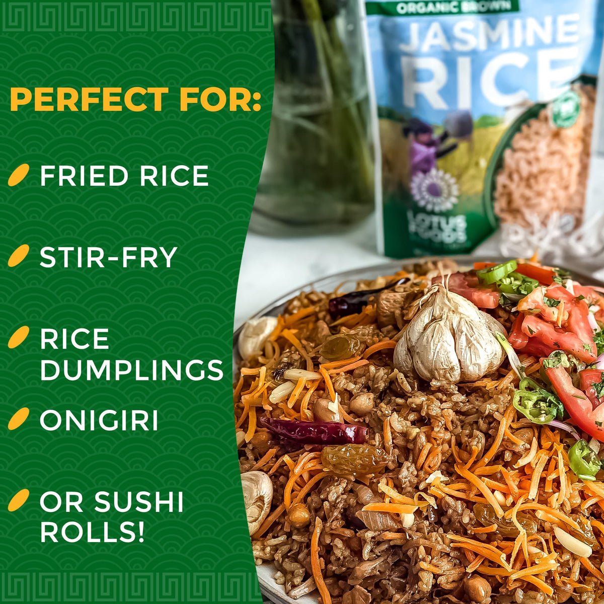 Lotus Foods Organic Brown Jasmine Rice Heat & Eat Pouches – Gluten Free, USDA Organic (Pack of 6)
