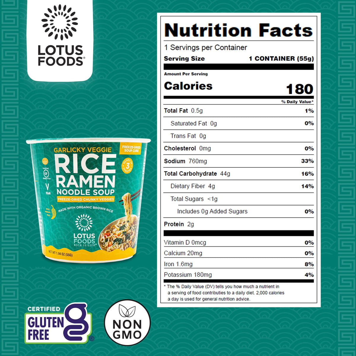 Lotus Foods Garlicky Veggie Rice Ramen Cups – Gluten Free, Organic Brown Rice (Pack of 6, 1.94 oz each)