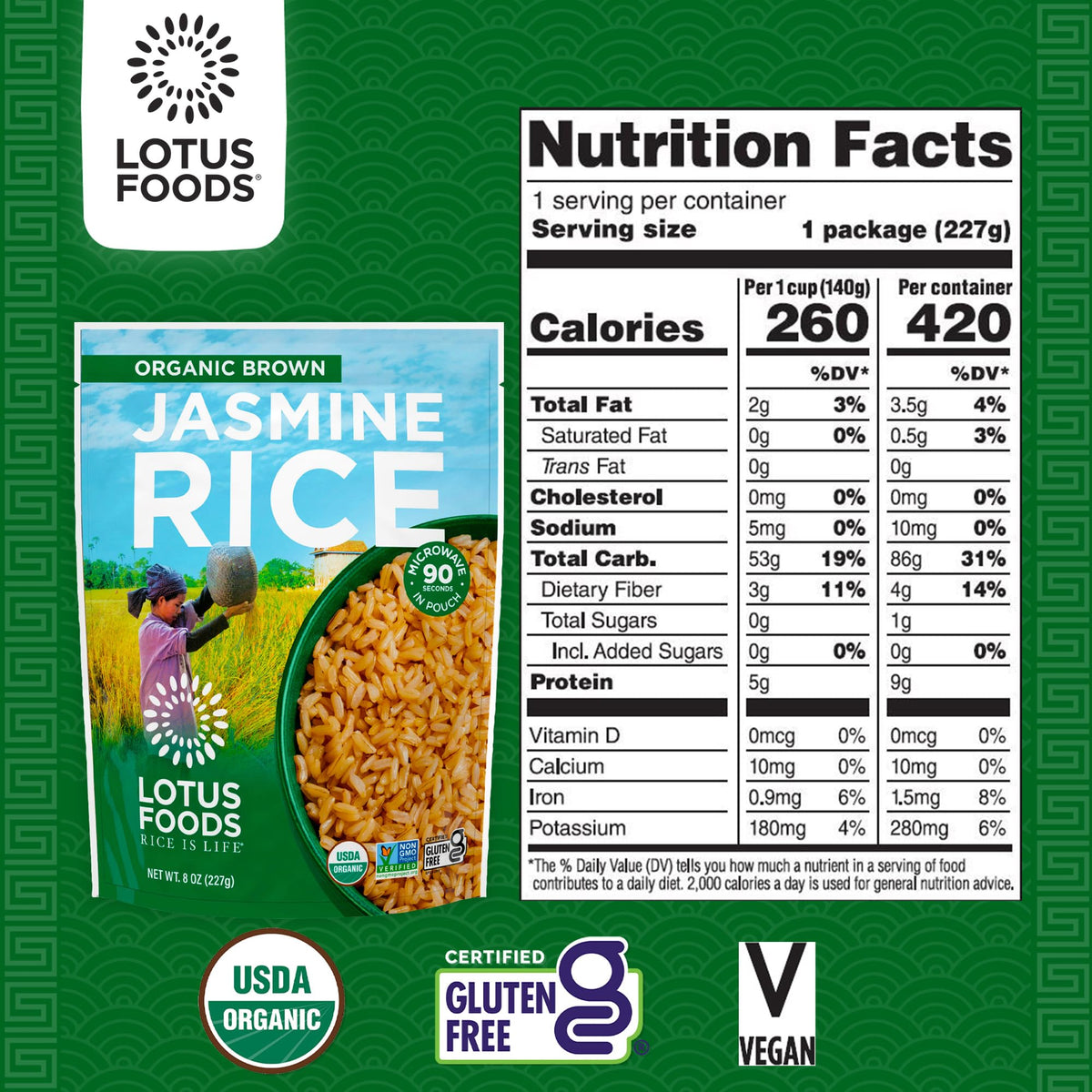 Lotus Foods Organic Brown Jasmine Rice Heat & Eat Pouches – Gluten Free, USDA Organic (Pack of 6)