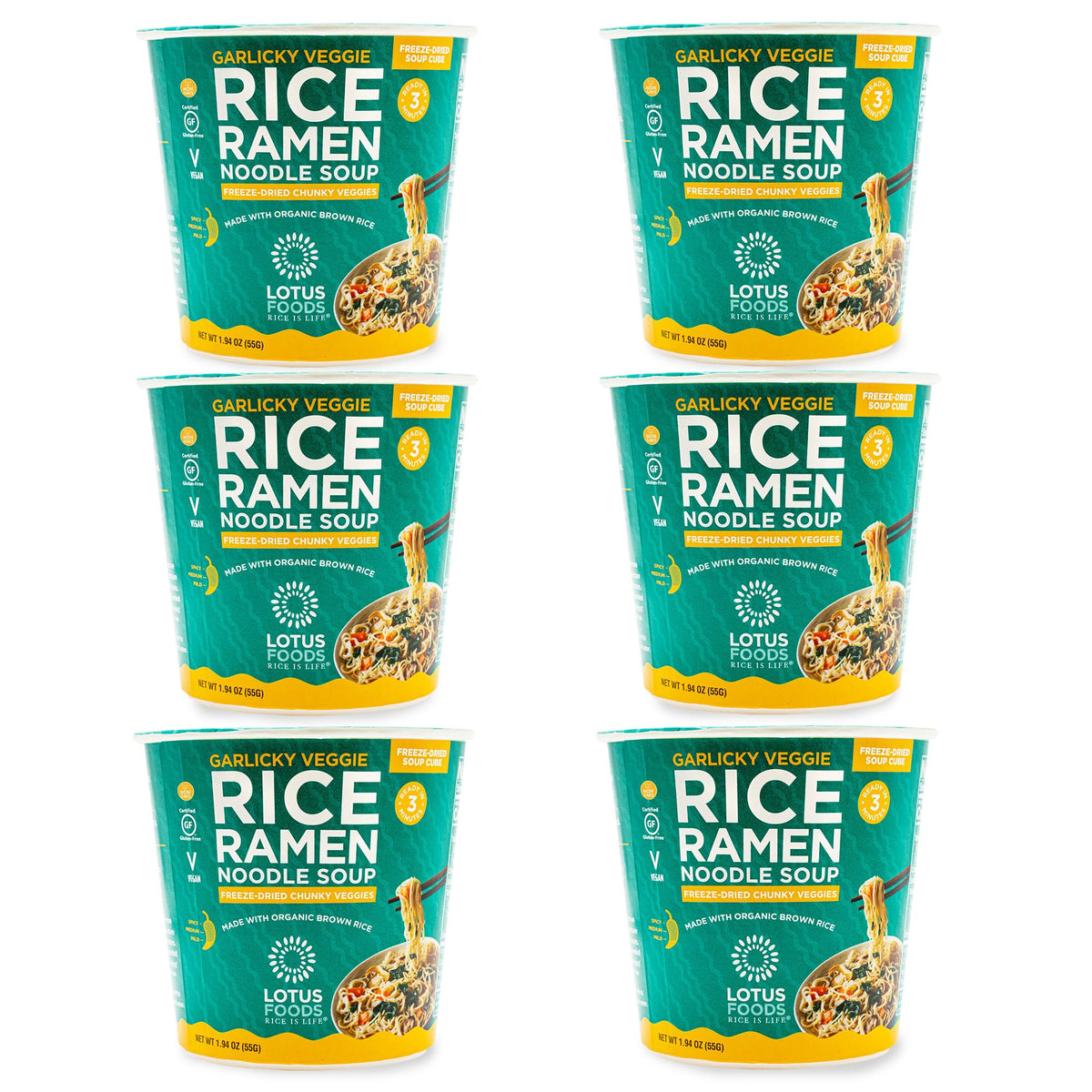 Lotus Foods Garlicky Veggie Rice Ramen Cups – Gluten Free, Organic Brown Rice (Pack of 6, 1.94 oz each)