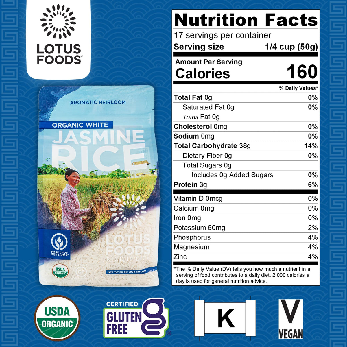 Lotus Foods Organic White Jasmine Rice – Gluten Free, USDA Organic, Vegan, 30 oz (Pack of 6)