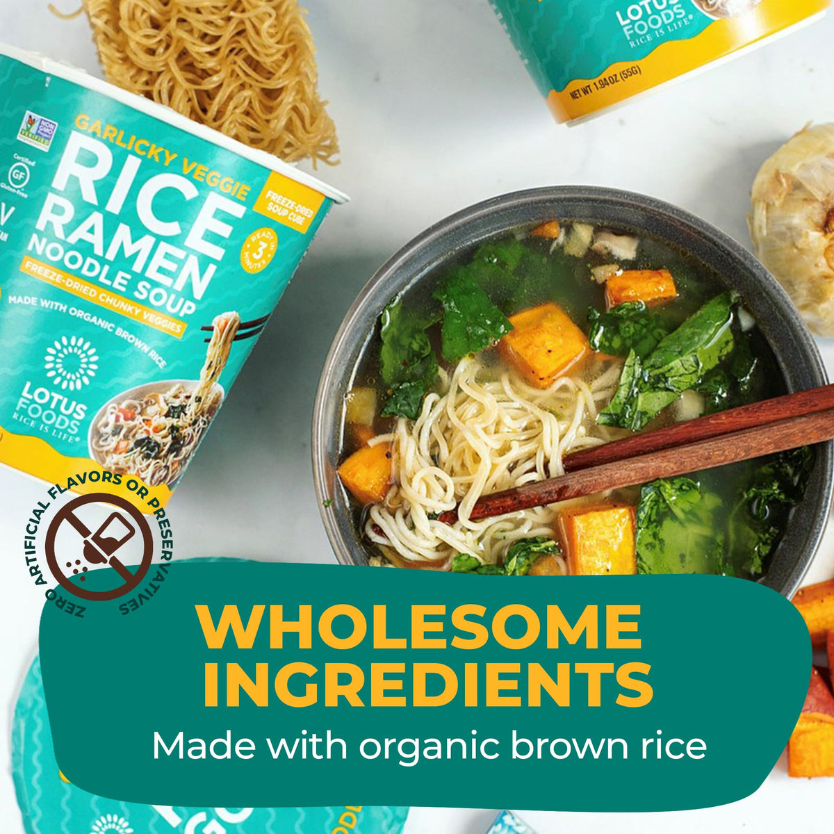 Lotus Foods Garlicky Veggie Rice Ramen Cups – Gluten Free, Organic Brown Rice (Pack of 6, 1.94 oz each)