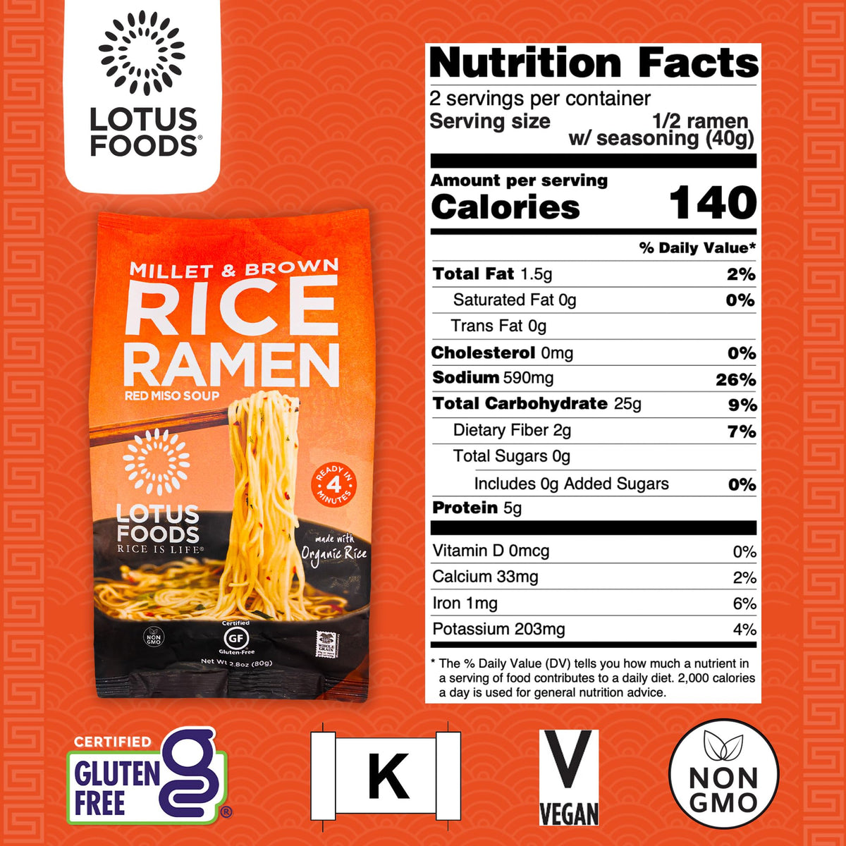 Lotus Foods Organic Millet & Brown Rice Ramen Noodles with Red Miso Soup – Gluten-Free Easy to Cook, 10-Pack (2.8 oz each)