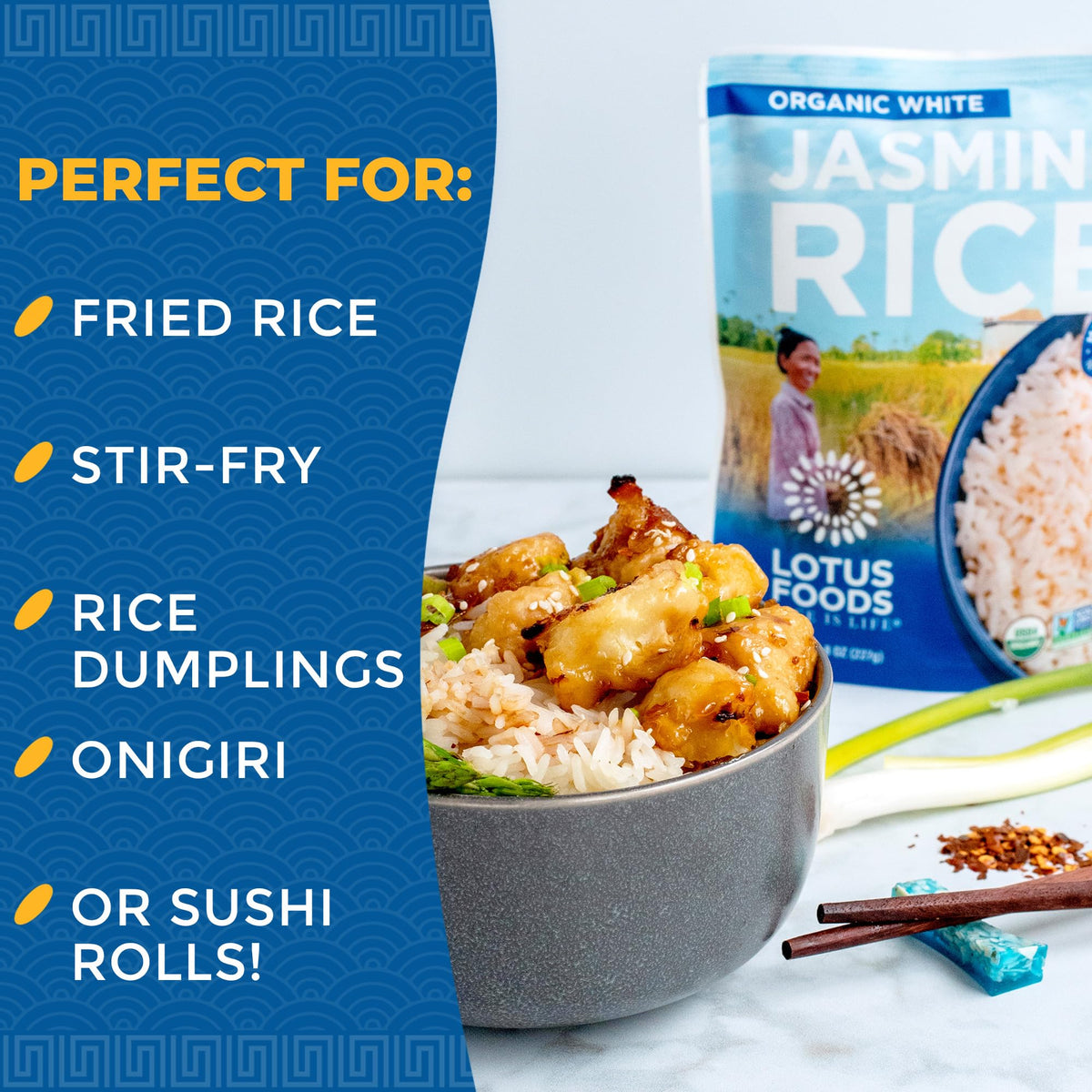 Lotus Foods Organic White Jasmine Rice Heat & Eat Pouch – Gluten Free, Non-GMO, 8 oz Pack of 6