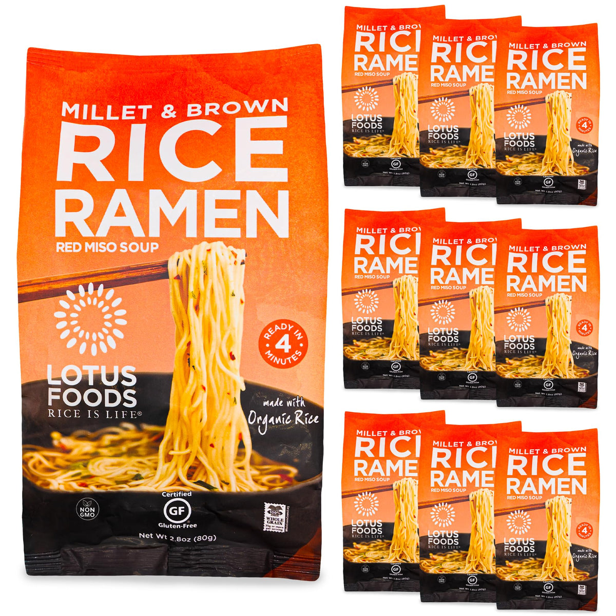 Lotus Foods Organic Millet & Brown Rice Ramen Noodles with Red Miso Soup – Gluten-Free Easy to Cook, 10-Pack (2.8 oz each)