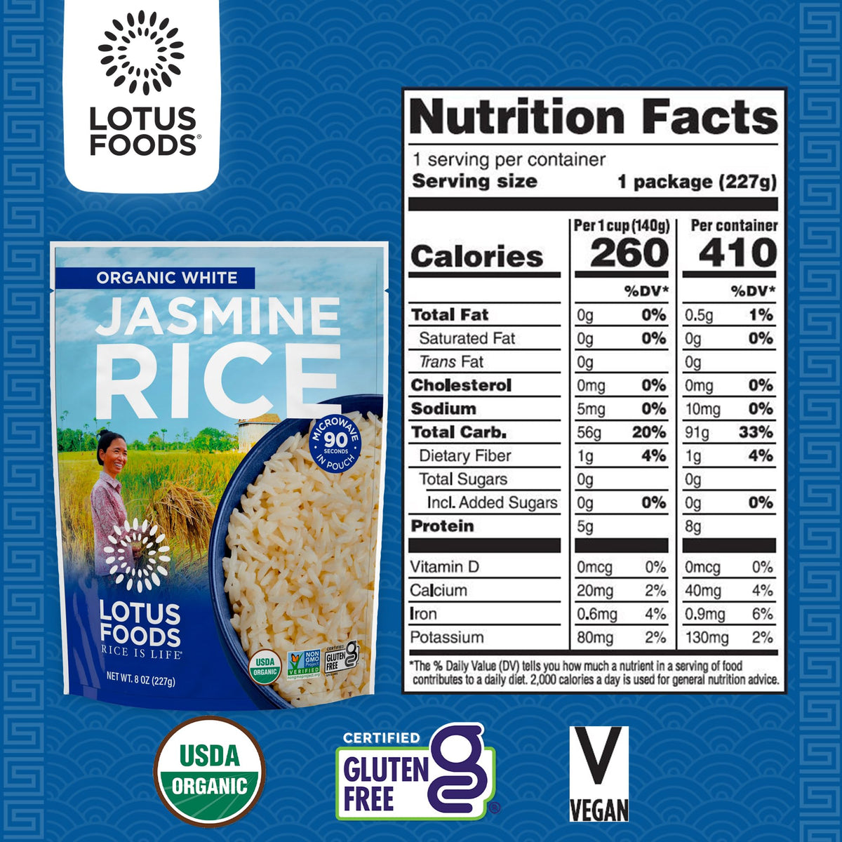 Lotus Foods Organic White Jasmine Rice Heat & Eat Pouch – Gluten Free, Non-GMO, 8 oz Pack of 6