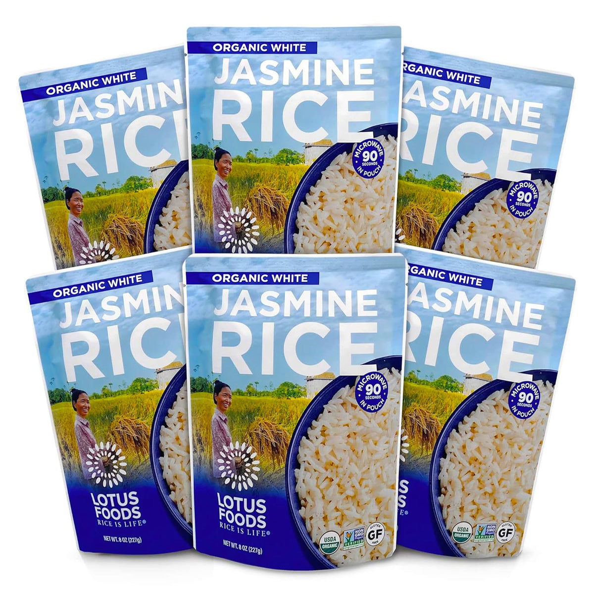 Lotus Foods Organic White Jasmine Rice Heat & Eat Pouch – Gluten Free, Non-GMO, 8 oz Pack of 6