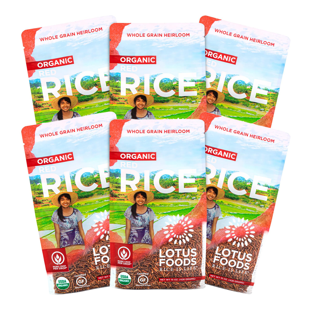 Lotus Foods Organic Red Rice - Gluten-Free Whole Grain, Non-GMO, USDA Organic, 15 oz Bags (Pack of 6)