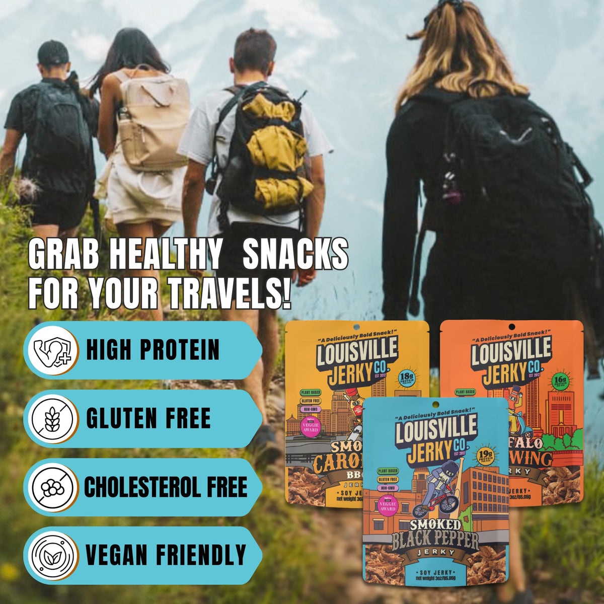 Louisville Vegan Jerky Variety Pack – Smoky Carolina BBQ, Black Pepper & General Tso (3x3oz)