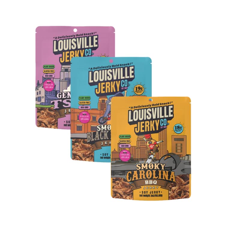 Louisville Vegan Jerky Variety Pack – Smoky Carolina BBQ, Black Pepper & General Tso (3x3oz)