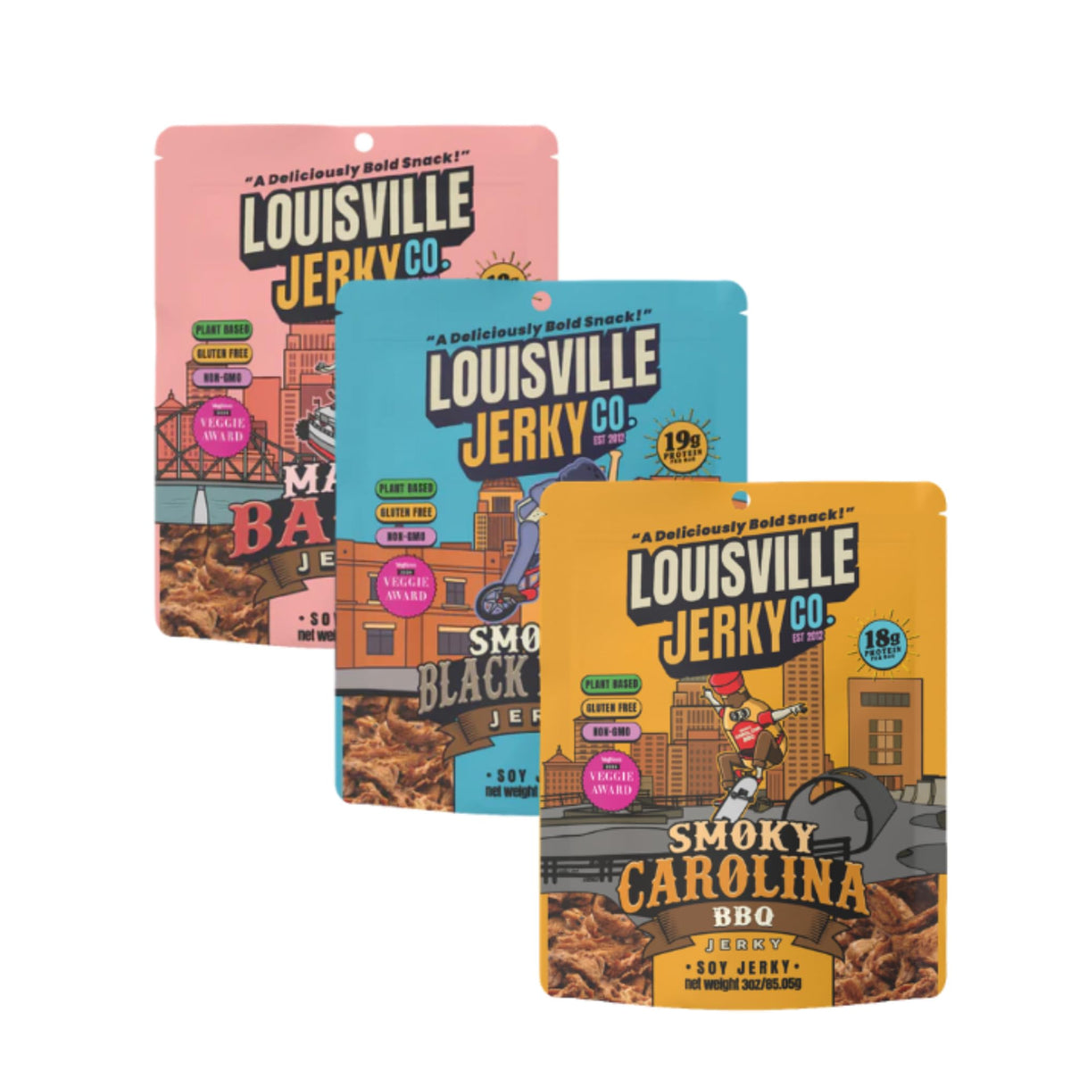 Louisville Vegan Jerky Co. Best Sellers 3-Pack Variety Bundle — 3 oz Each (Smoky Carolina BBQ, Smoked Black Pepper, Maple Bacon)