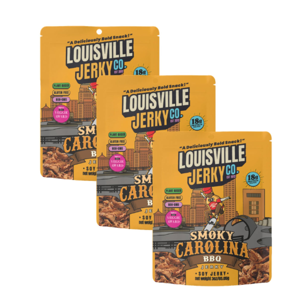 Louisville Vegan Jerky – Sweet & Smoky Carolina Mustard BBQ, 3oz x3 Plant-Based Jerky