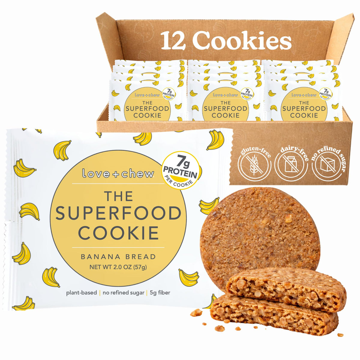 Love + Chew Superfood Soft Baked Cookies – Vegan, Gluten Free, Banana Bread, 7g Protein, 12 Pack