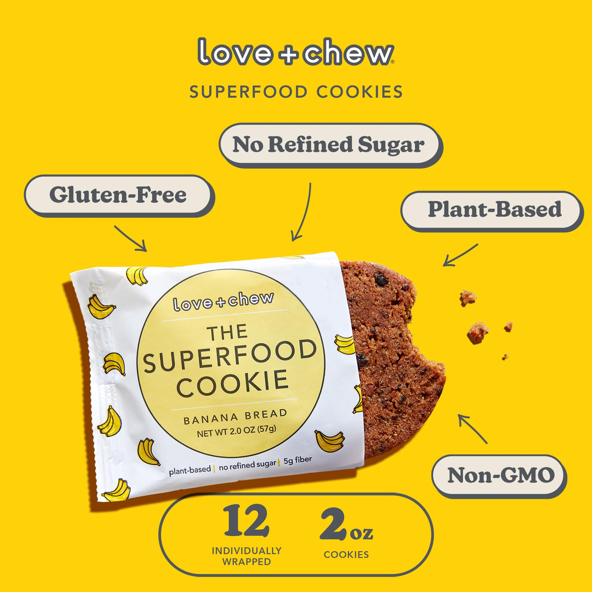 Love + Chew Superfood Soft Baked Cookies – Vegan, Gluten Free, Banana Bread, 7g Protein, 12 Pack