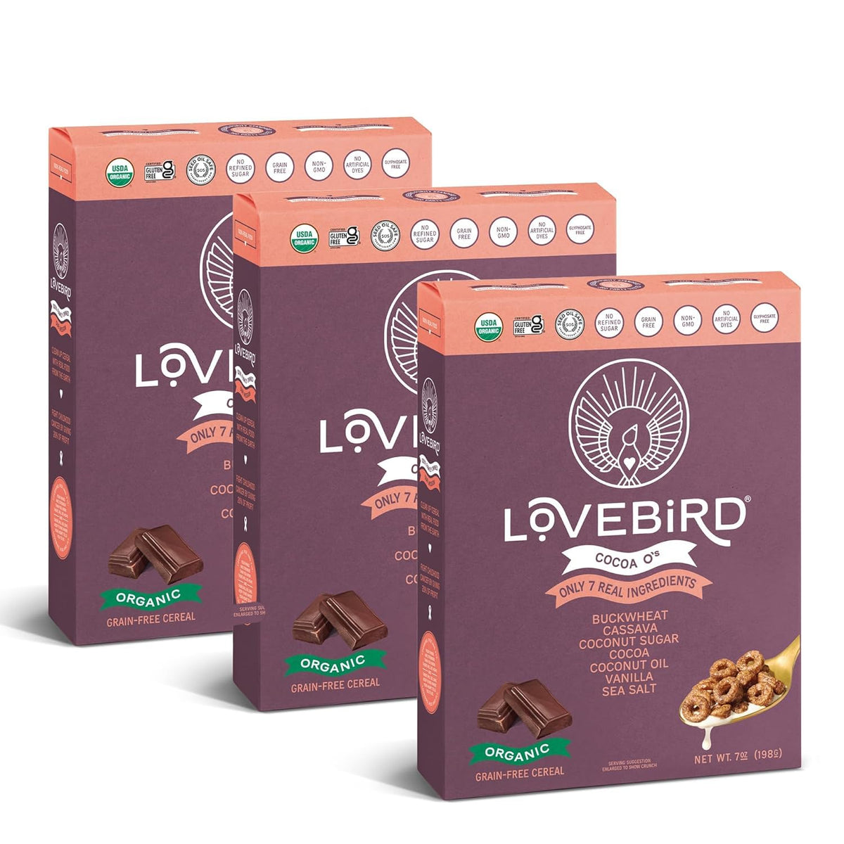 Lovebird Organic Grain-Free Cereal – 3-Pack (Honey, Cinnamon, Unsweetened) – Gluten Free, Paleo & Keto Friendly