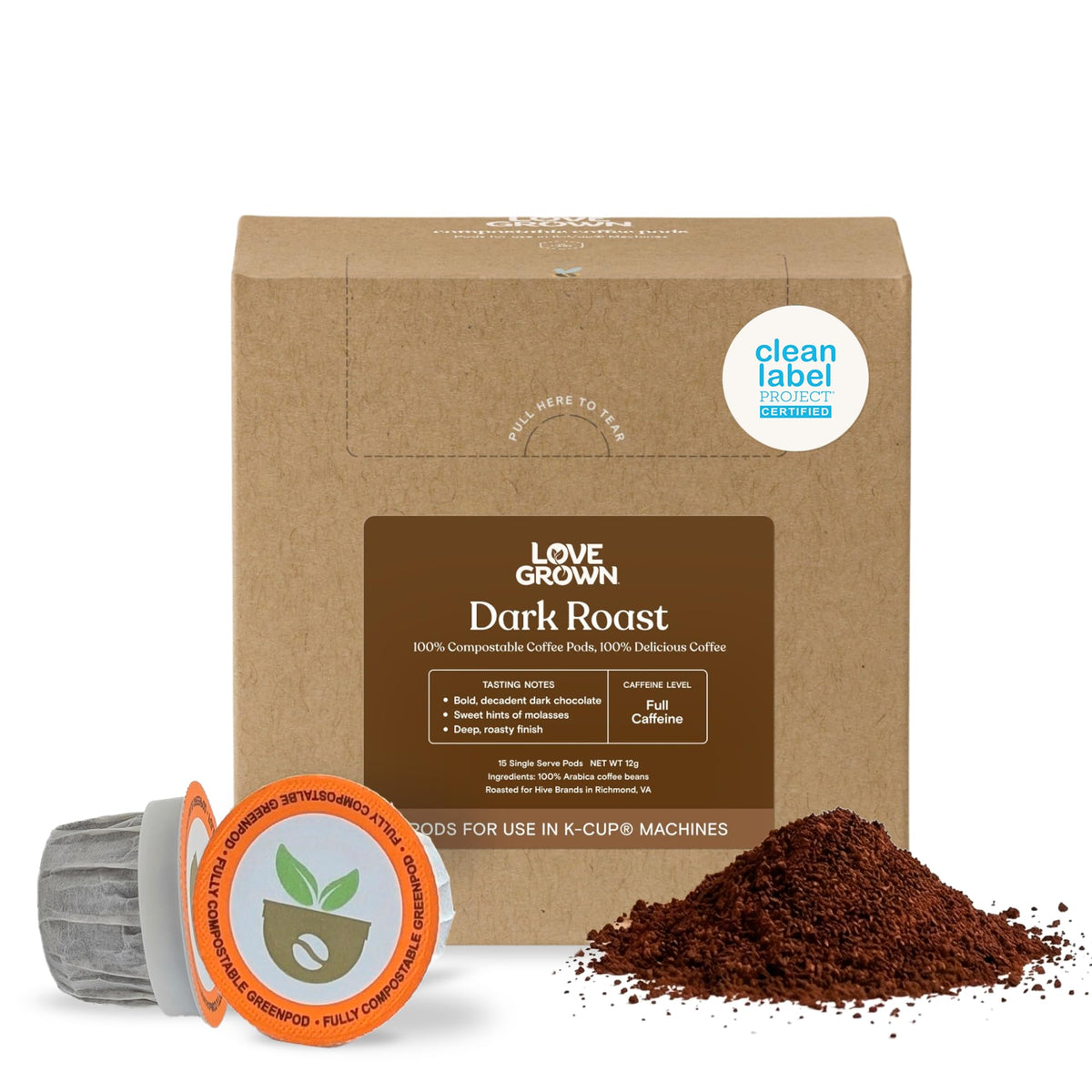 Love Grown Plastic-Free Coffee Pods – 100% Arabica, Compostable, Keurig-Compatible Dark Roast (Box of 15)